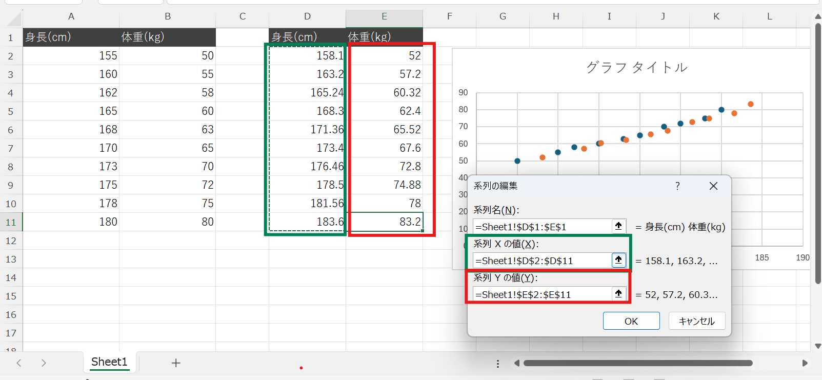 新しい系列の名前、Xの値、Yの値をそれぞれ指定